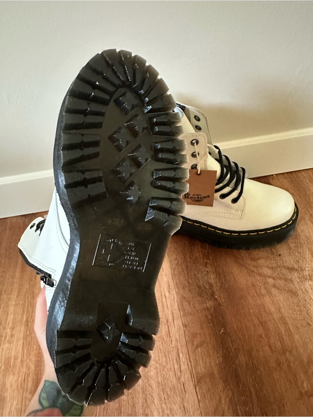 Dr. Martens White Leather Platform Lace-Up Boots with Black Sole - Picture 5 of 7